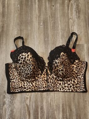 Leopard Print Zip Front Lace Bra with Black Trim